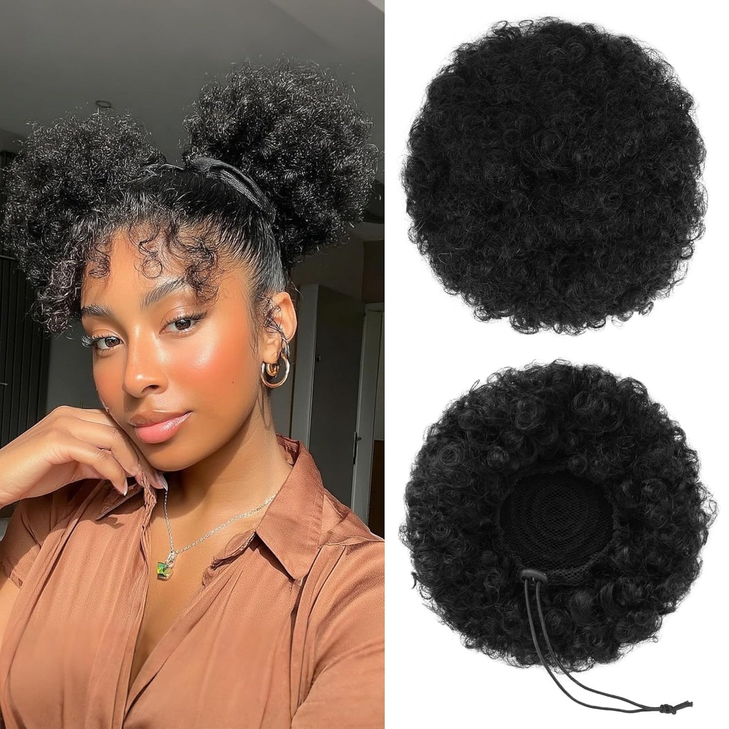 Human Hair Afro Puff Drawstring Ponytail - Kinky Curly Short Extensions for Black Women | Medium Size - 1B Natural Black