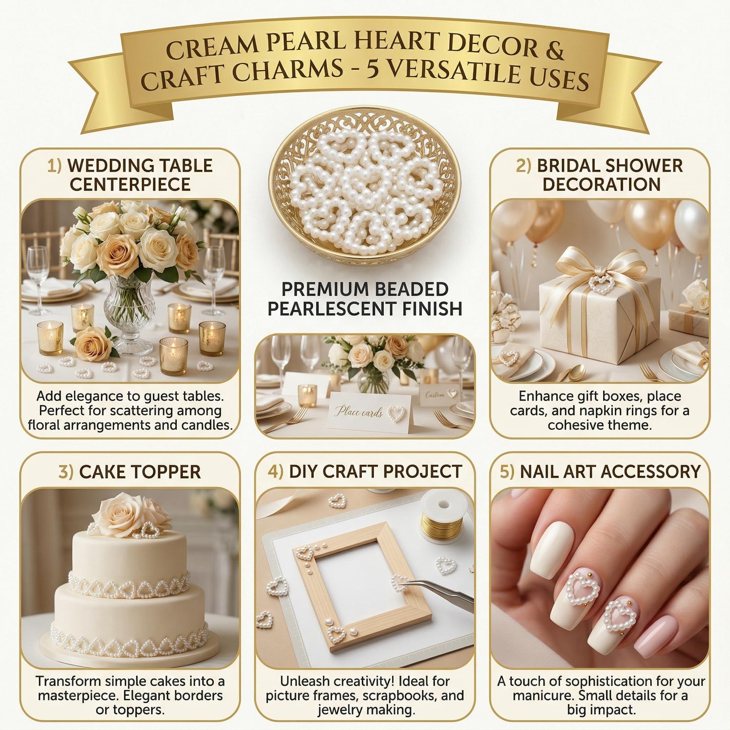 Pearl Heart Table Scatter Confetti - 50 Pcs Heart Shaped Plastic Faux Bead Charms for Wedding Table Decoration, DIY Crafts, Nail Art, Cake Topper, Bridal Shower and Party Centerpiece Ornaments