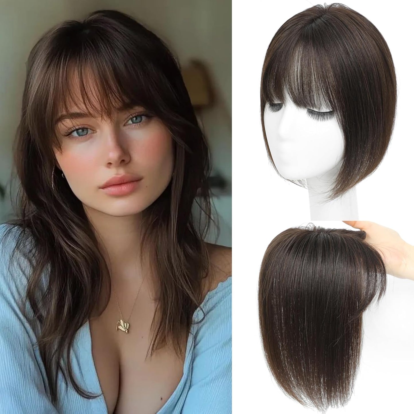 Human Hair Toppers for Women - Real Hair Pieces with Bangs | 360° Coverage, 10-Inch, 30g