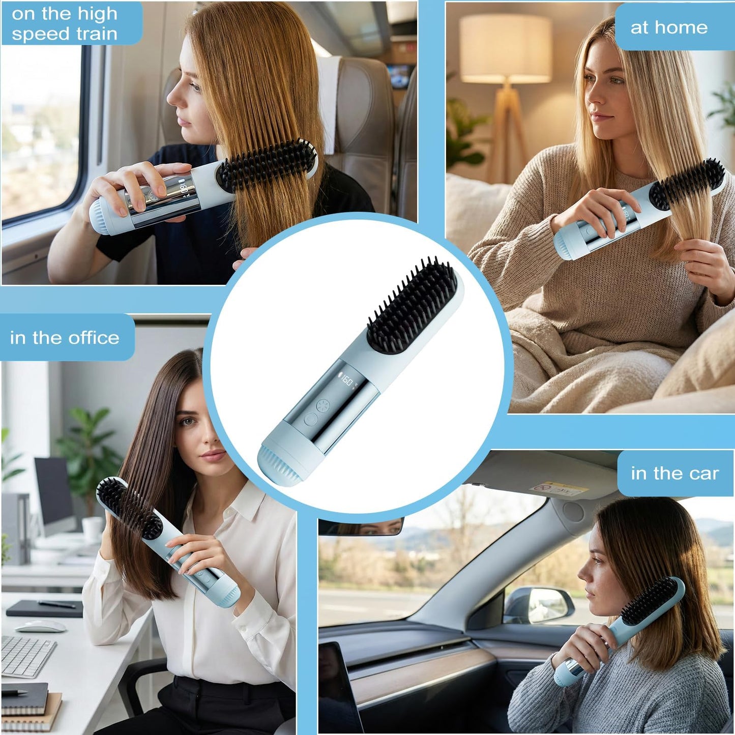 2026 New Go Brush Pro - 3 Temps Portable Cordless Hair Straightener Brush for Travel, Led Digital Display(°C/°F), Cool Air Setting On the Back (Blue)