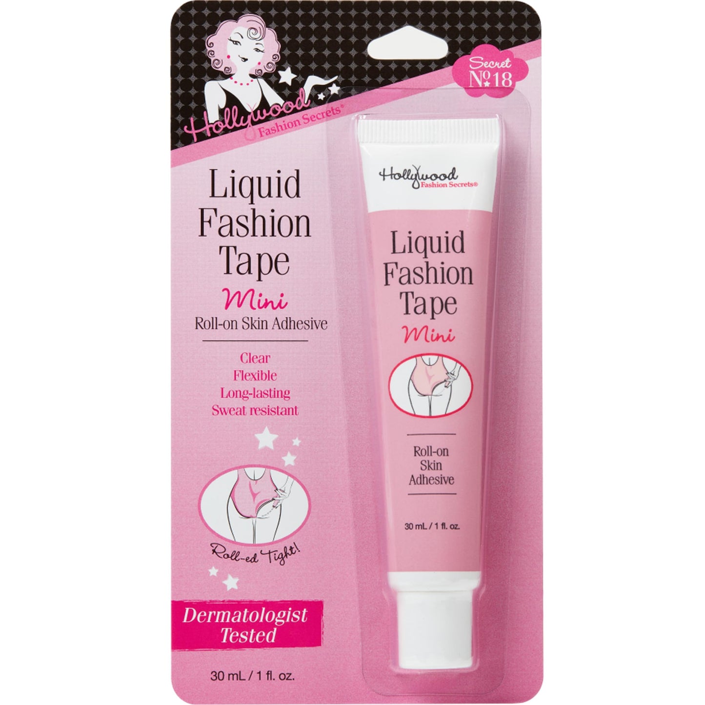 Hollywood Fashion Secrets Liquid Fashion Tape Mini – Clutch Glue Body Adhesive for Clothing, Skin Safe Body Glue for Dresses & Fabric, All Day Hold, Roll-On Skin Adhesive, 1 fl oz