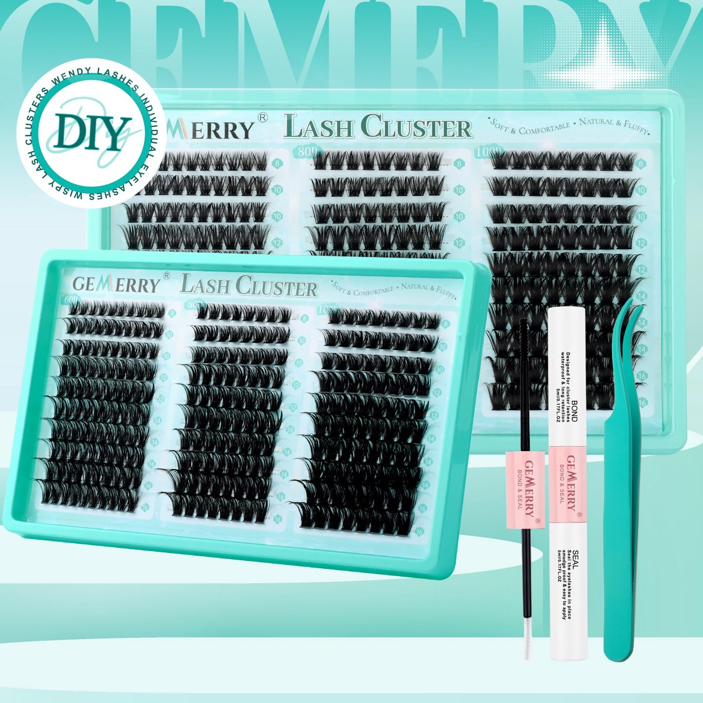 GEMERRY Lash Clusters Kit, Eyelash Clusters Thin Band Lashes Clusters Natural Look Eyelash Extension Kit With Lashes Bond Seal Eyelashes Tweezers (60D+80D+100D,3PCS)