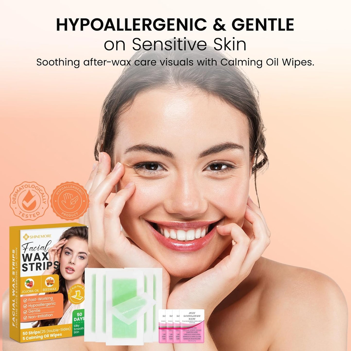 Facial Wax Strips for Hair Removal - Gentle & Fast-Acting | 50 Hypoallergenic Strips & 5 Wipes