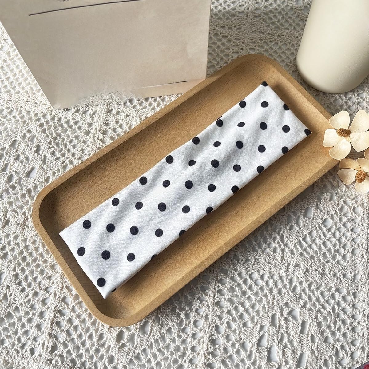 Women's Polka Dot Wide Headband, Vintage Boho Knotted Hair Band, Elastic Non-Slip Headwrap for Daily Wear, Makeup, Sports (White)