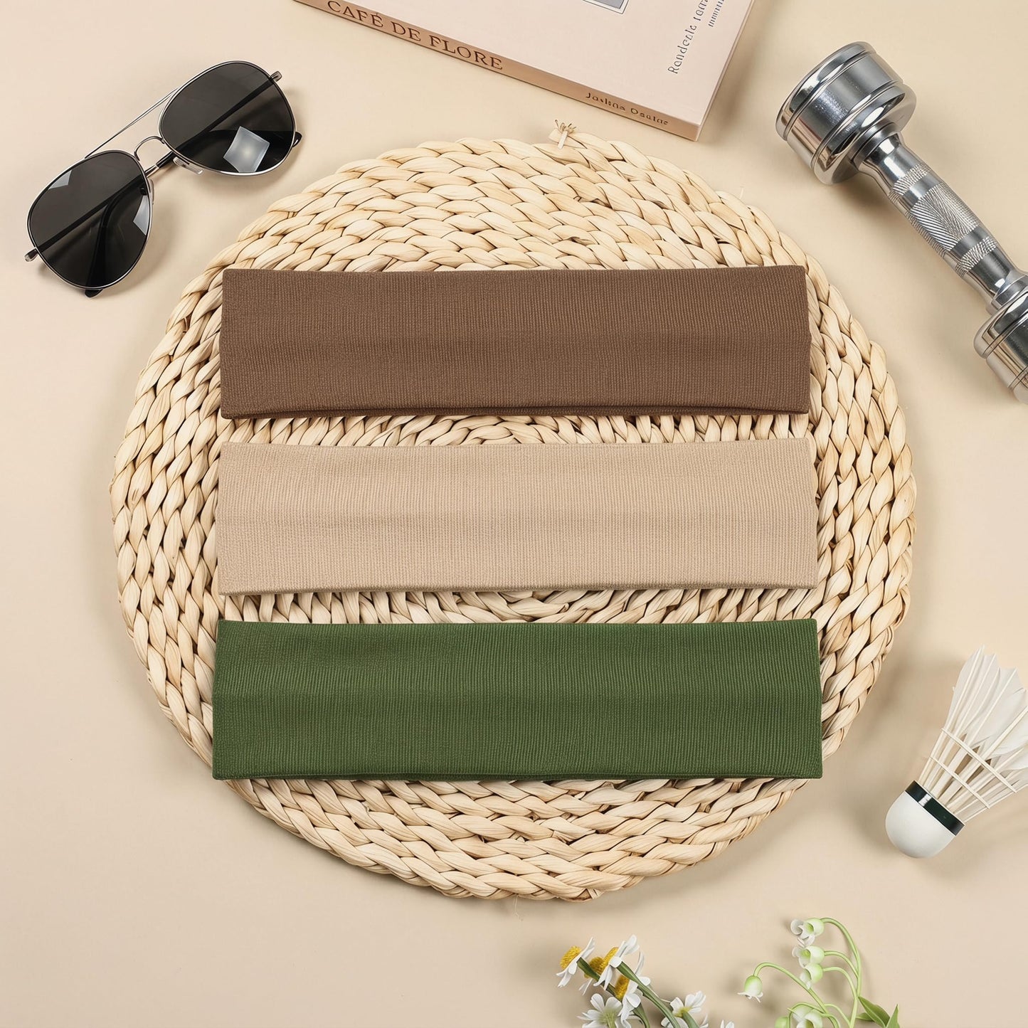 WENNKINN Headbands for Women Non Slip, Soft 95% Cotton Elastic Cloth Hairband for Workout Gym Running Sports, Sweat Wicking Wide Headband, 3 Pack with Bag(Brown, Khaki, Military Green)