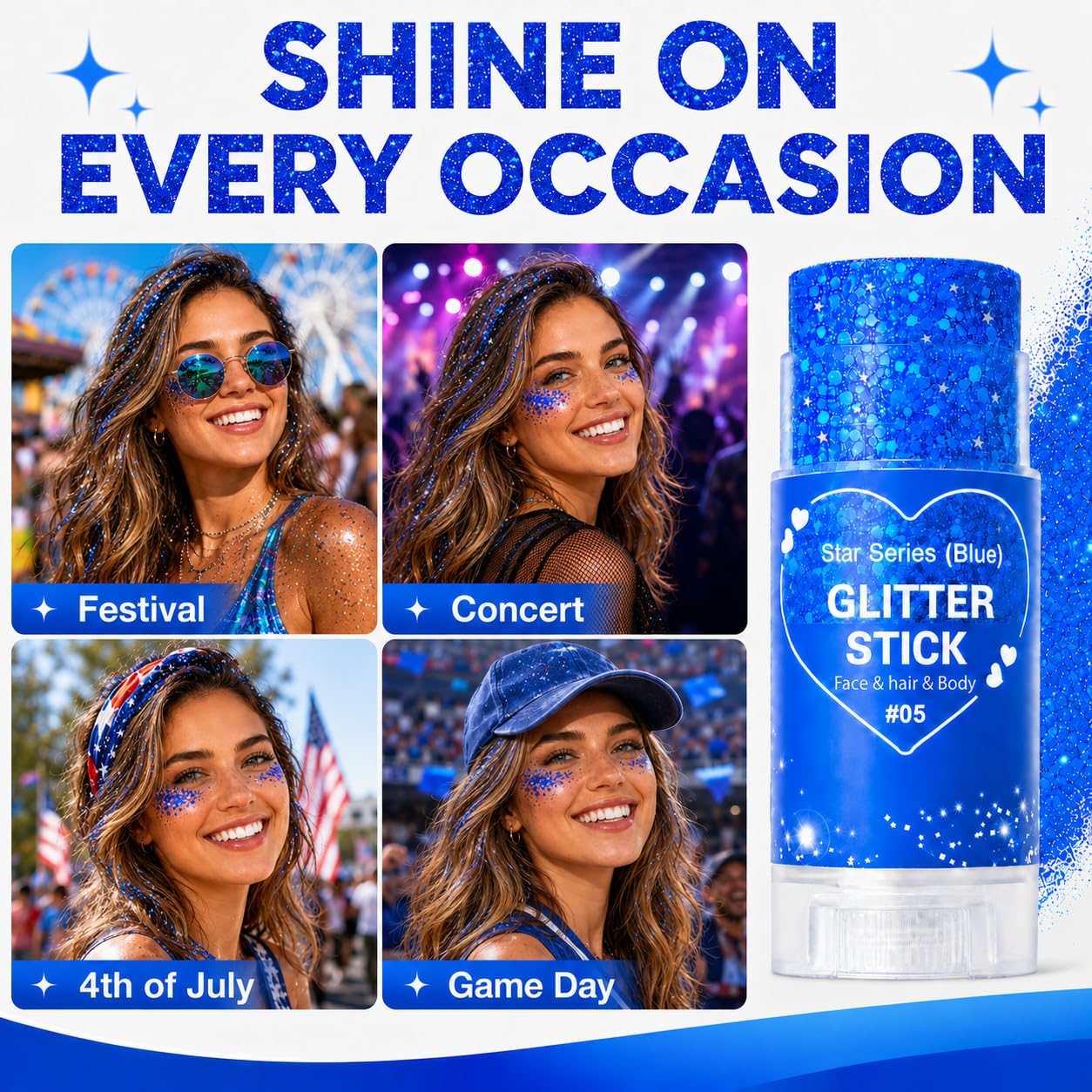 Blue Glitter Stick for Hair Face and Body, Blue Hair Glitter Makeup Stick with Chunky Sequins, Rave Carnival Concert Festival Accessories for Women, 4th of July Sports Game Day Glitter (05Blue)
