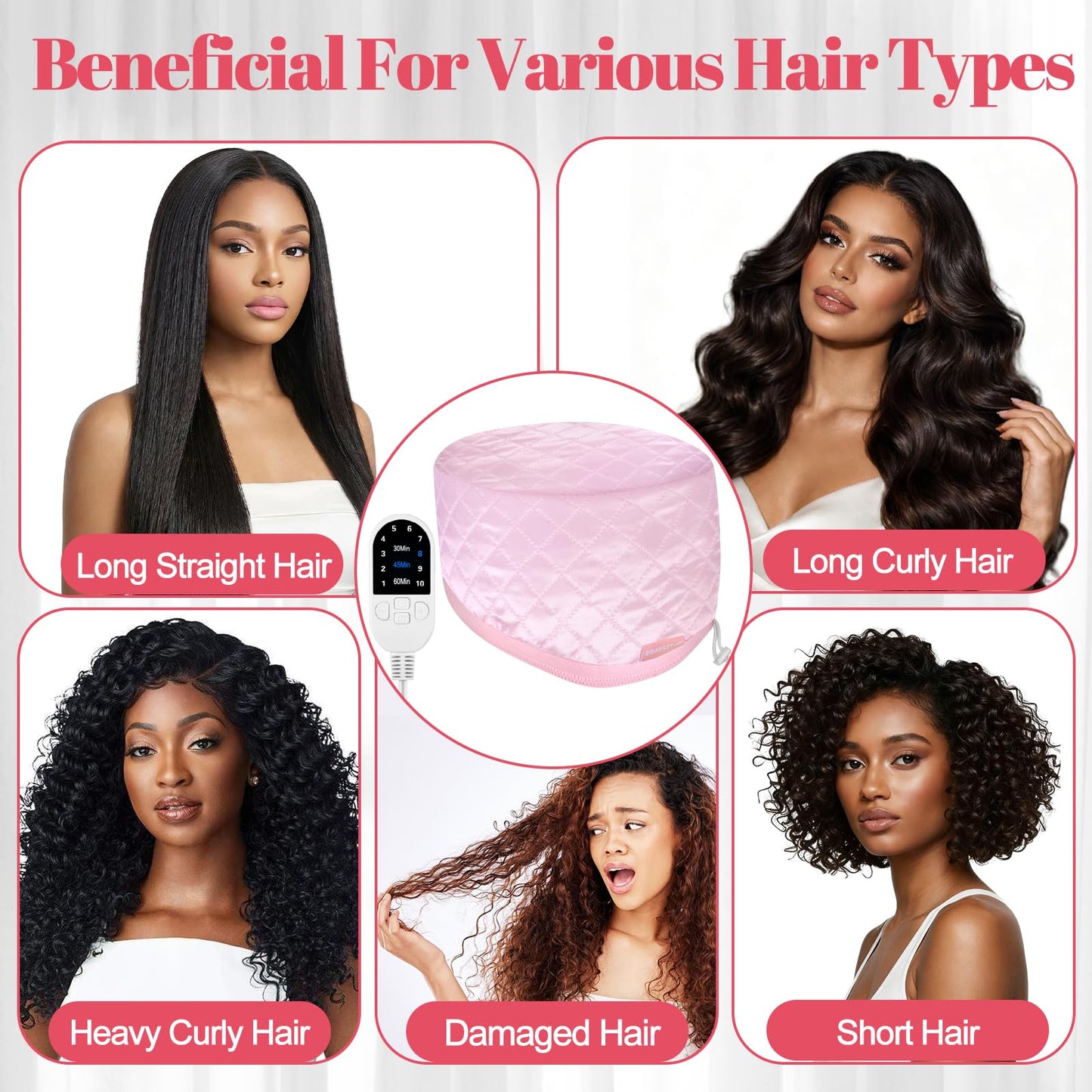 TEPENAR Hair Steamer for Deep Conditioning: Upgraded Heat Cap with 10-Level Fast Heating 3 Time Settings for Natural Hair Portable Thermal Steam Cap for Home Hair Treatment - Pink