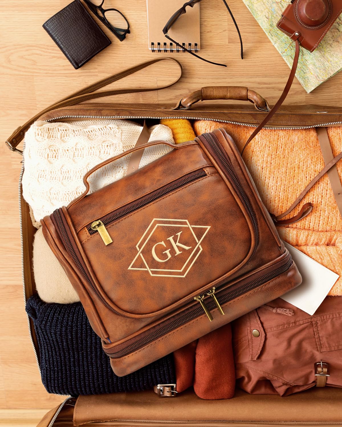 PUREFLY Personalized Toiletry Bag for Men, Gifts for Men, Him, Custom Leather Handcrafted Hanging Travel Shaving Kit Bathroom Organizer Cosmetic Bags with Hook, Engraved with Name & Initial