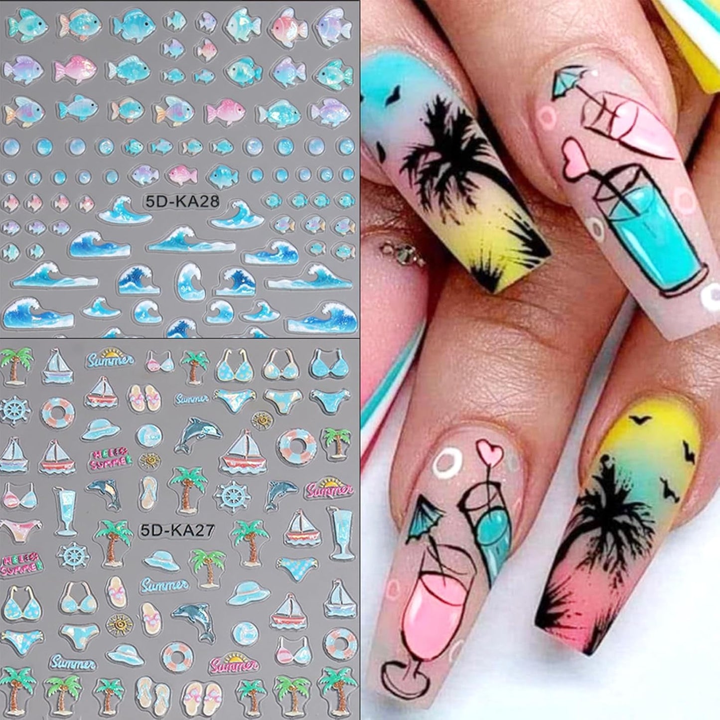 5D Ocean Nail Stickers - Tropical Beach Nail Art Decals | Blue Wave, Fish & Sailboat Designs - 2PCS
