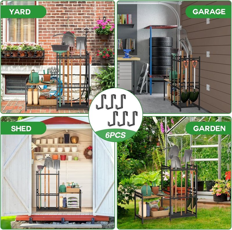 Garage Tool Organizer - 2-Tier Wooden Shelves & 6 Hooks | Heavy-Duty Steel Rack for 35 Long Handled Tools - Black