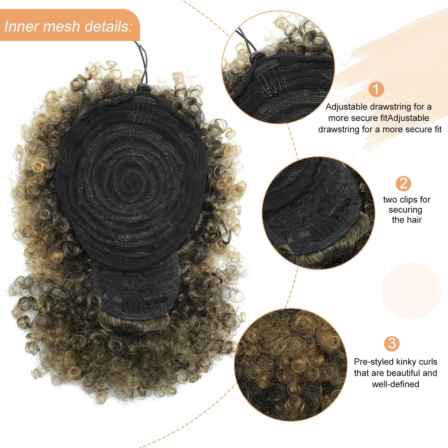 Afro Puff Drawstring Ponytail with Bangs,Short Blonde Kinky Curly Synthetic Blonde Pony Tails Hair Extensions Drawstring Ponytail for Black Women Hair Bun Fluffy Updo for Daily and Party Use 1B/27