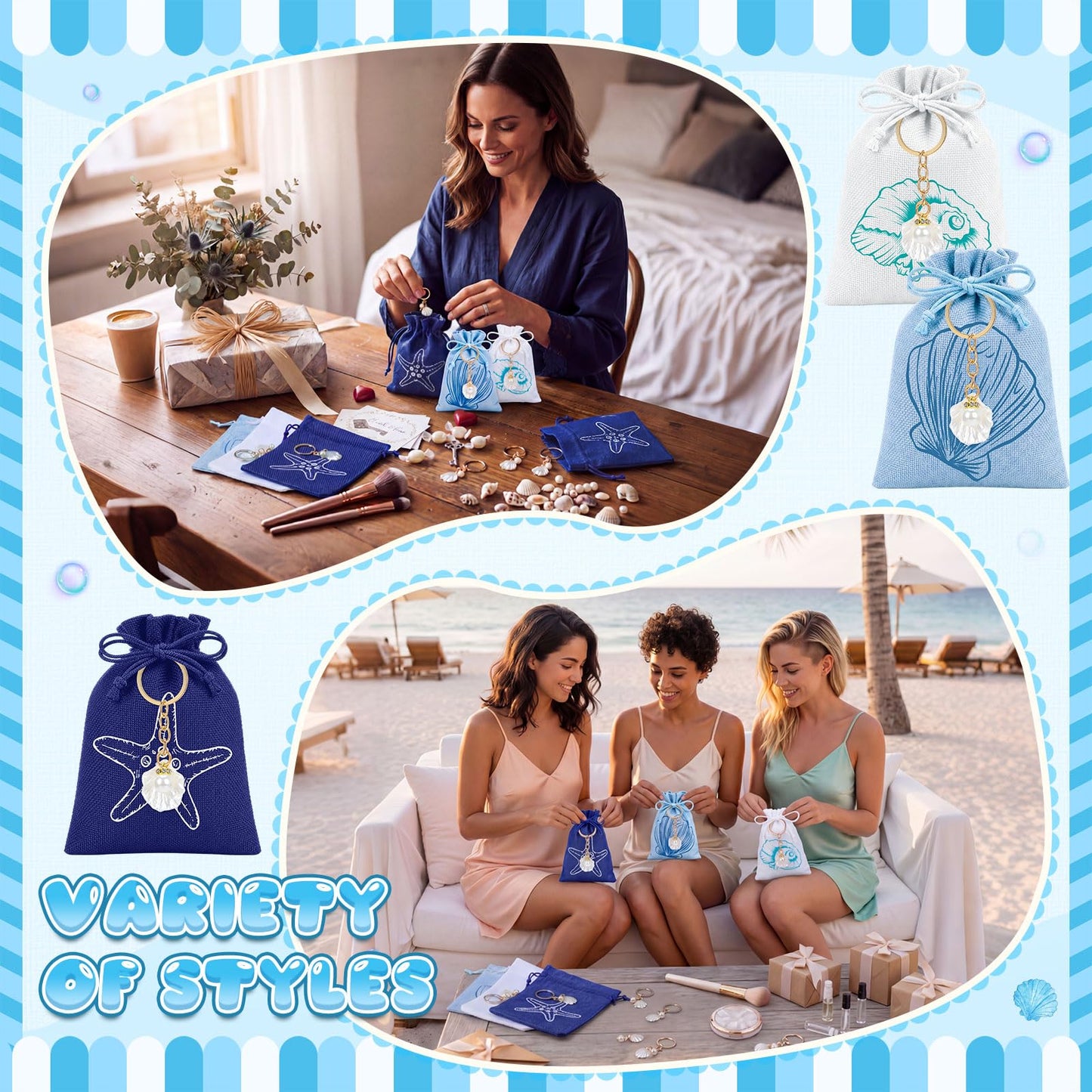 Equsion 48 Sets Beach Party Favors Ocean Seashell Keychain & Starfish Scallop Conch Burlap Bags Bachelorette Party Decor Last Toast on The Coast Nautical Bridal Shower Wedding Holiday Guest Gift Bulk