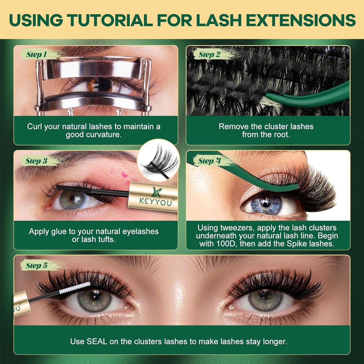 KEYYOU Eyelash Clusters Kit - 280 Pcs 100D Long Volume Lashes | Spiky Extensions 10-18mm Mix
