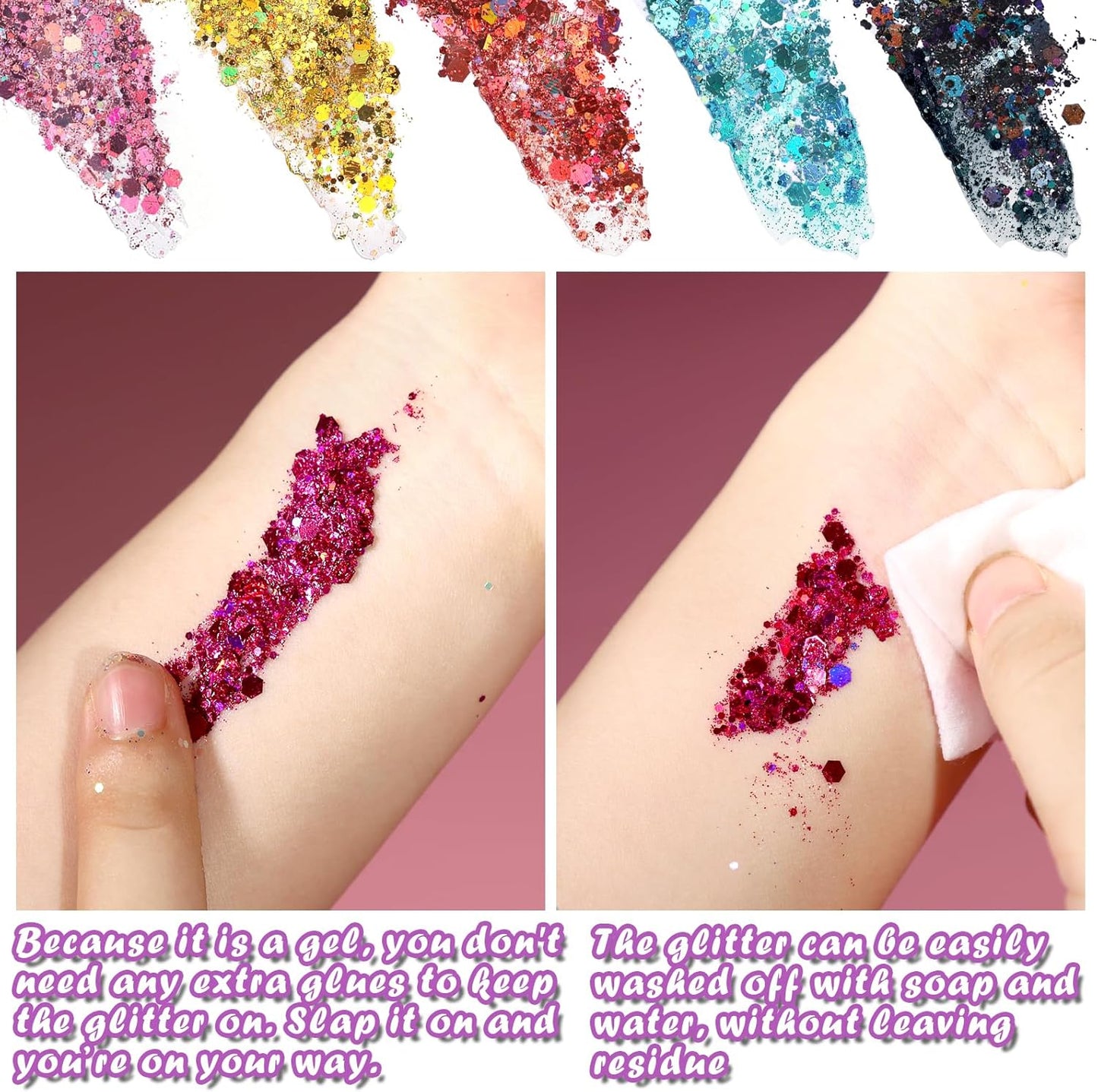 Body Glitter Gel - 12 Colors Festival Makeup for Face & Hair | Sparkling Body Glitter
