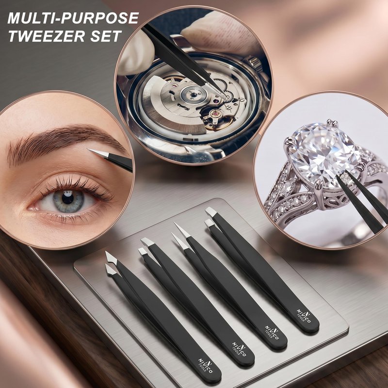 Nivico Tools Premium Eyebrow Tweezers Set – Professional Surgical-Grade Stainless Steel Precision Plucking Kit (Slant, Pointed, Flat, Angled) – Facial Hair & Splinter Removal with Leather Pouch