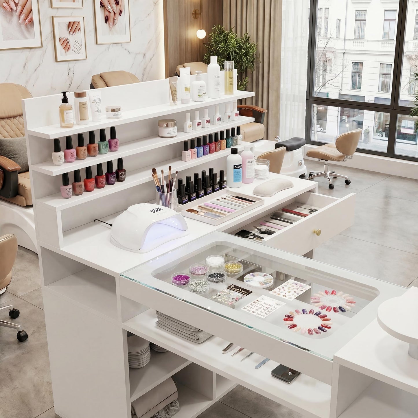 Lavoker 60 inch L-Shaped Nail Desk White Manicure Table