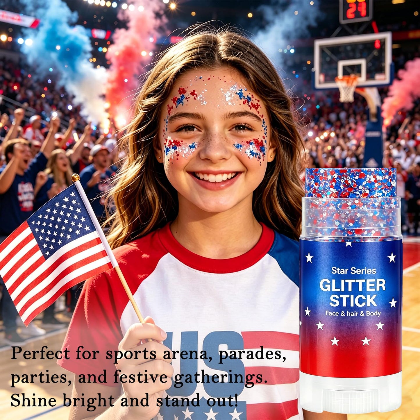 Patriotic 4th of July Body Glitter Stick, Hair Glitter for Kids, Red White and Blue Star Face Glitter Stick, USA Flag Makeup for 250th Independence Day Accessories, 4th of July Outfits for Women