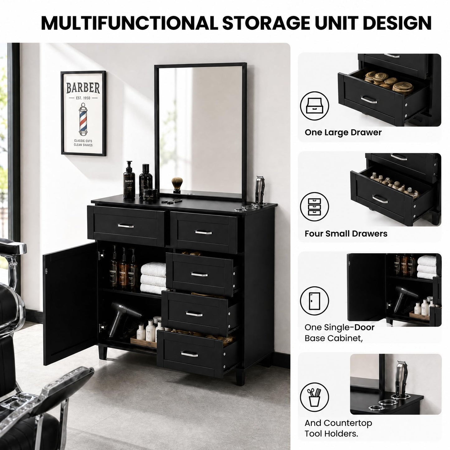 THINK 30 Salon Station, Barber Station, with Wall-Mount or Cabinet-Mount Mirror, Drawers, for Hair Salon, Barber Shop, Beauty Spa, Black