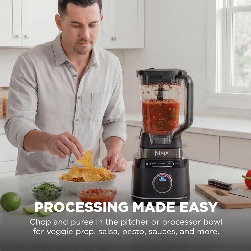 Ninja Kitchen System | Food Processor & Blender with BlendSense Technology | 8-Cup Bowl & 24-oz. To-Go Cup | For Smoothies, Cookie Dough, Salsa & More | 1800-Peak-Watt | Black | TB401