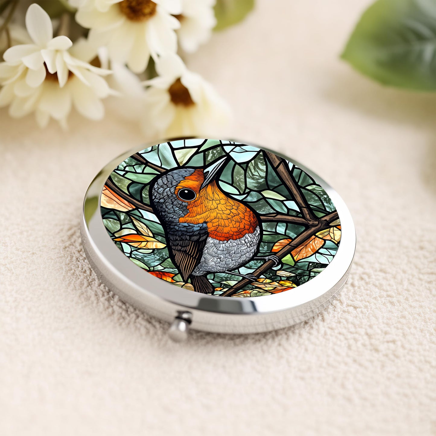 Silver Compact Mirror, 2.8x2.8inch Double-Sided Folding Makeup Mirror with Robin Bird Stained Design, Ideal Gift for Women