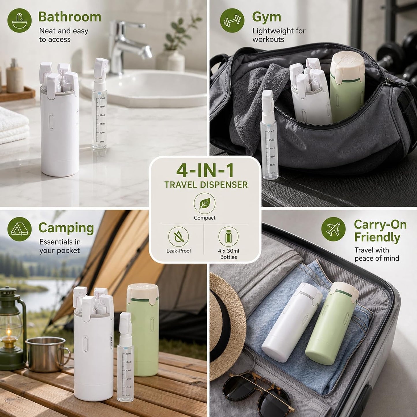 Travel Size Bottles - 4 Pack 30ML Leak Proof Dispenser Set | Refillable Toiletry Containers in Green