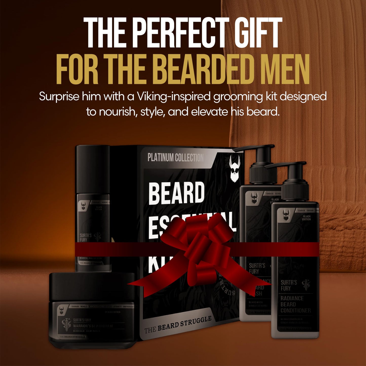 The Beard Growth Kit - Essential Grooming Set with Balm, Oil, Wash & Conditioner for Men - Surtr's Fury Platinum Collection