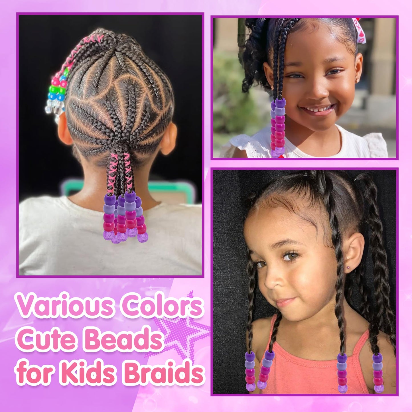 NAISKA 60PCS Purple Beads for Hair Clear Sparkle Braid Bead 5 Colors Gradient Dreadlock Beads Large Hole Bead Braids Accessories for Kids Girls