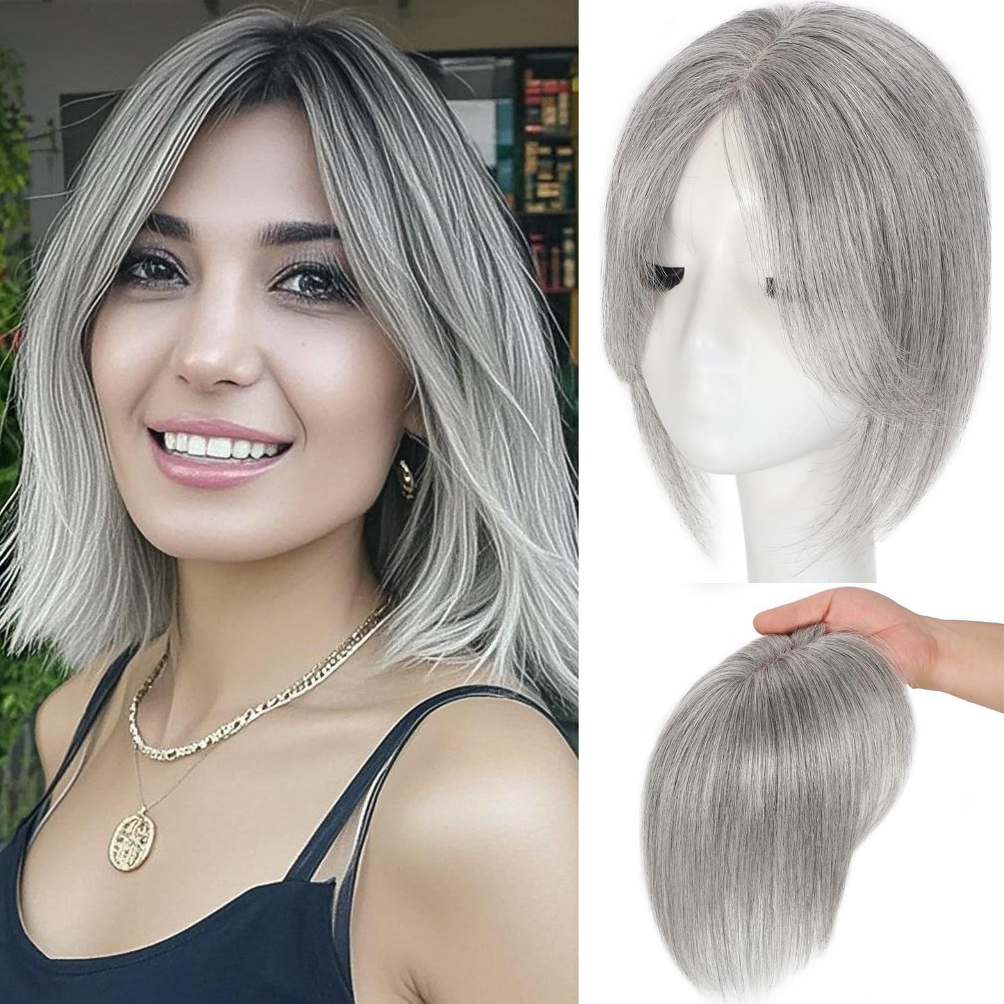 Hair Topper For Women Real Human Hair 10 Inch Super Lightweight Invisible Base Toppers Hairpieces for Women with Thinning Crown Fluffy Breathable for Summer Daily Wear(Dark Gray, Middle Part New)