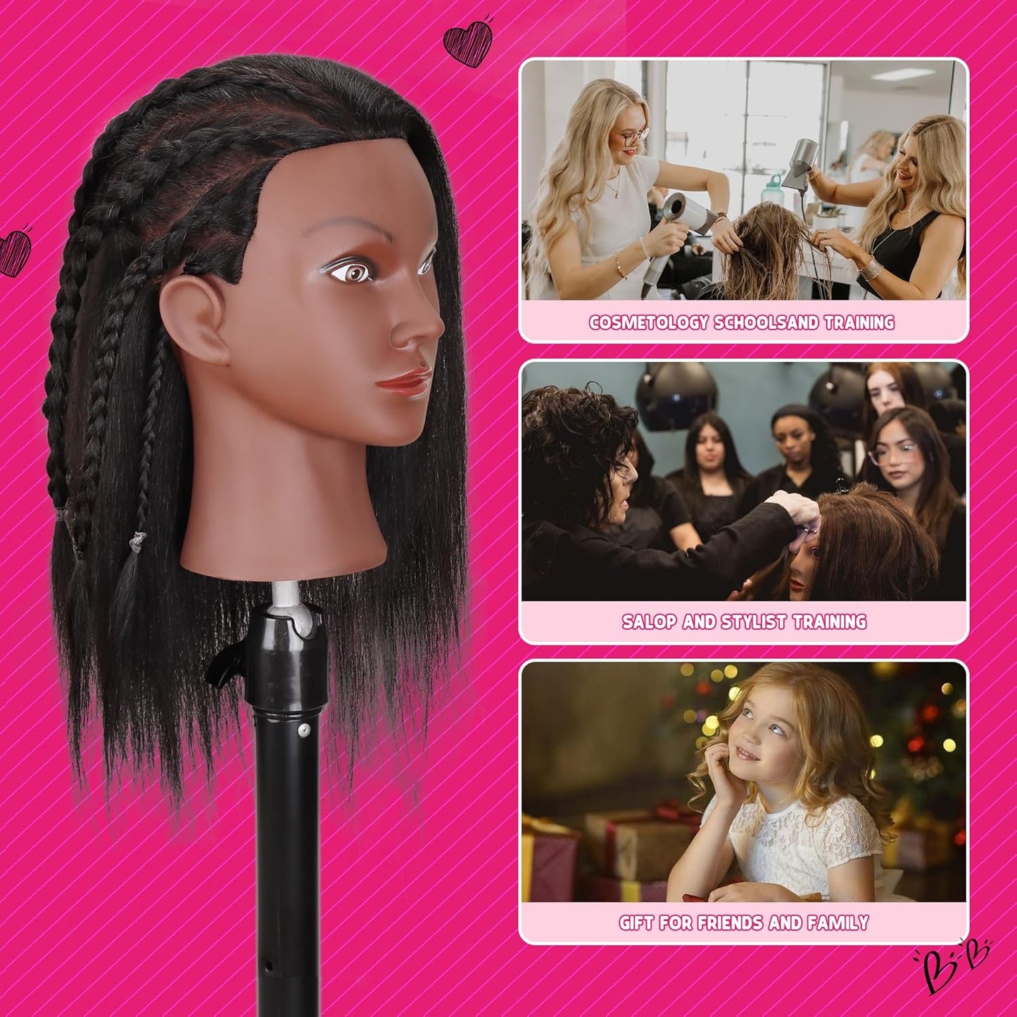 Mannequin Head with Human Hair - 14" Cosmetology Manikin for Hair Styling & Braiding Practice | Includes Clamp Holder