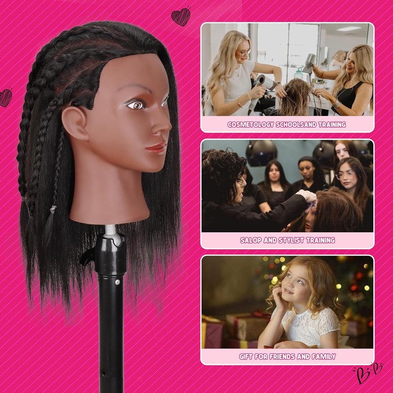 Mannequin Head with Human Hair - 14" Cosmetology Manikin for Hair Styling & Braiding Practice | Includes Clamp Holder