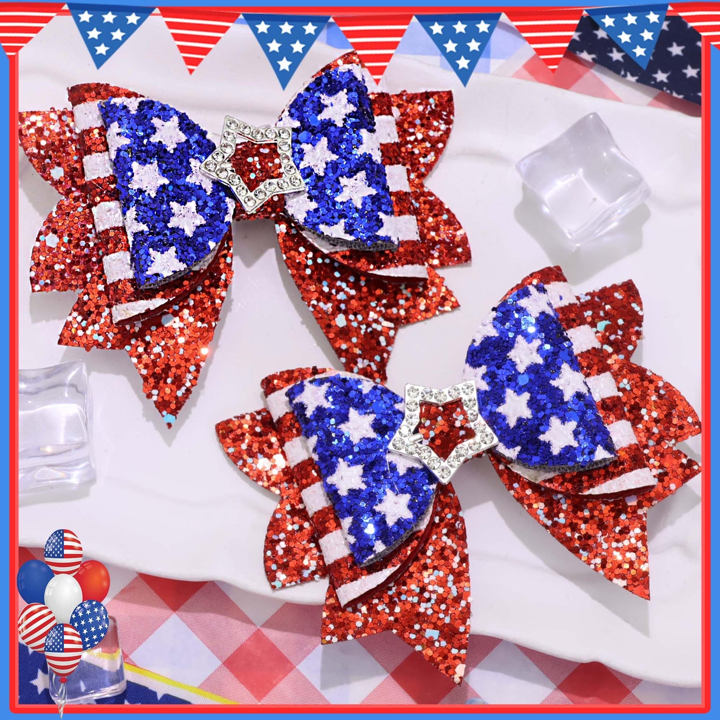 FARSYOD Fourth of July Hair Bow Glitter Patriotic Bows American Flag Print Bowknot Barrettes Sparkly Red White Blue Hairpin Cute Hair Accessories for 4th of July Independence Day
