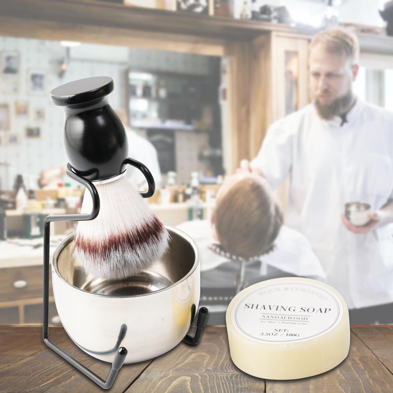 Shaving Brush Set for Men, 4pcs Shaving Set Includes Shaving Brush Shaving Soap, Steel Bowl and Razor Stand