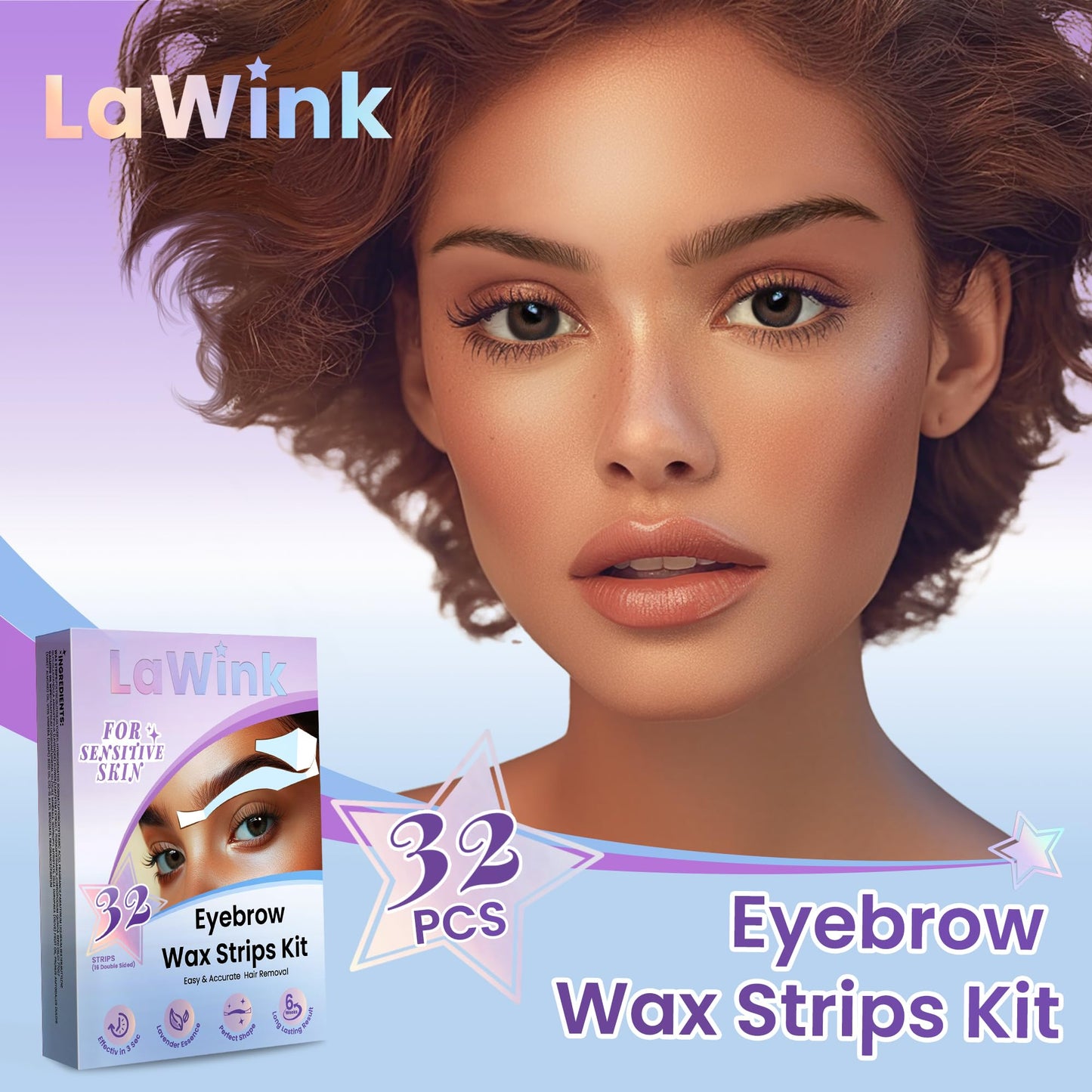 LaWink Eyebrow Wax Strips for Women, At Home Waxing Kit with 32 Strips & 4 Calming Wipes, Hand-Warmable Cold Wax for Brows & Lip, Gentle Formula for Sensitive Skin
