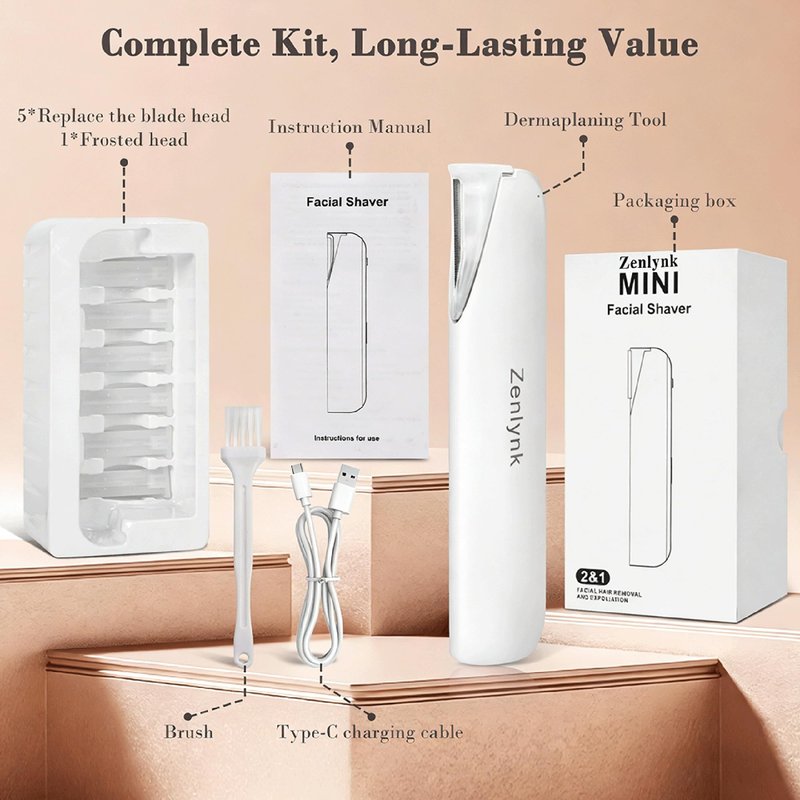 Vibration-Assisted Manual Dermaplane Razor for Women Face, Zenlynk Facial Exfoliator & Peach Fuzz Trimmer with 3 Vibration Modes, LED Light, 5 Replacement Blades & Exfoliating Scrubber, White