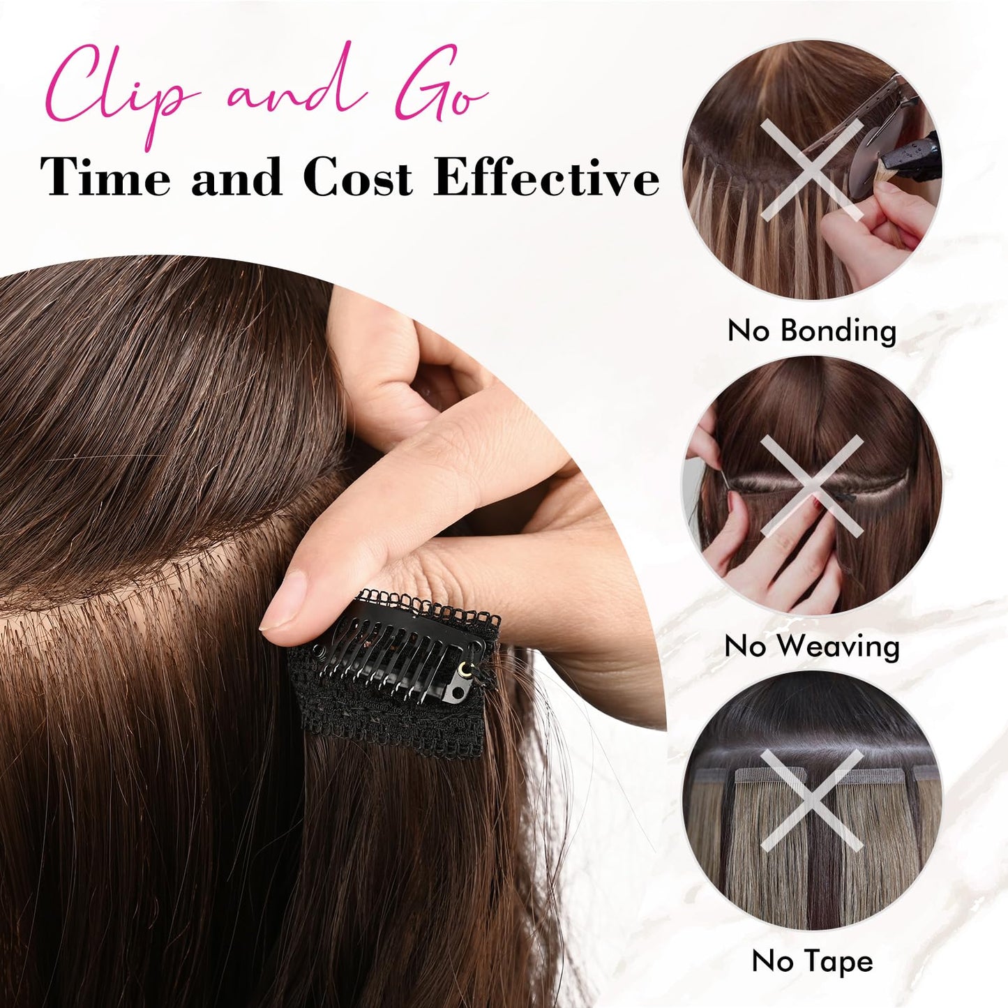 REECHO Hair Extensions,4PCS Clip in Extensions 24''Thick Long Brown hair extensions HE003 Invisible Lace Weft Natural Synthetic Hairpieces– Chocolate Brown with Blonde Highlights(4PC278)