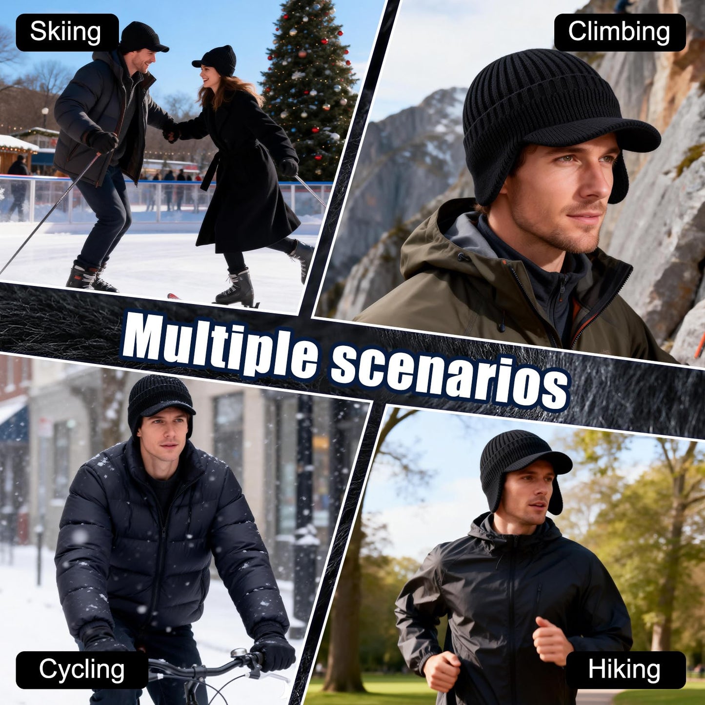 Cozy Head Beanies for Women Men, 2026 New Cozyhead Hats with Brim and Ear Flaps Outdoor Winter Warm Knitted Black
