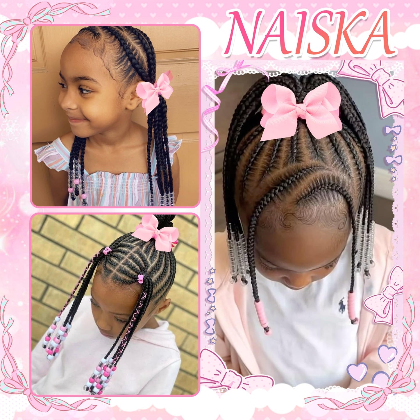 NAISKA 62PCS Pink Valentine's Day Hair Beads 4.7inch Bow Hair Clips Cute Beads for Hair Braids Kids Girls Hair Bow Braids Jewelry Loc Accessories for Kids Girls