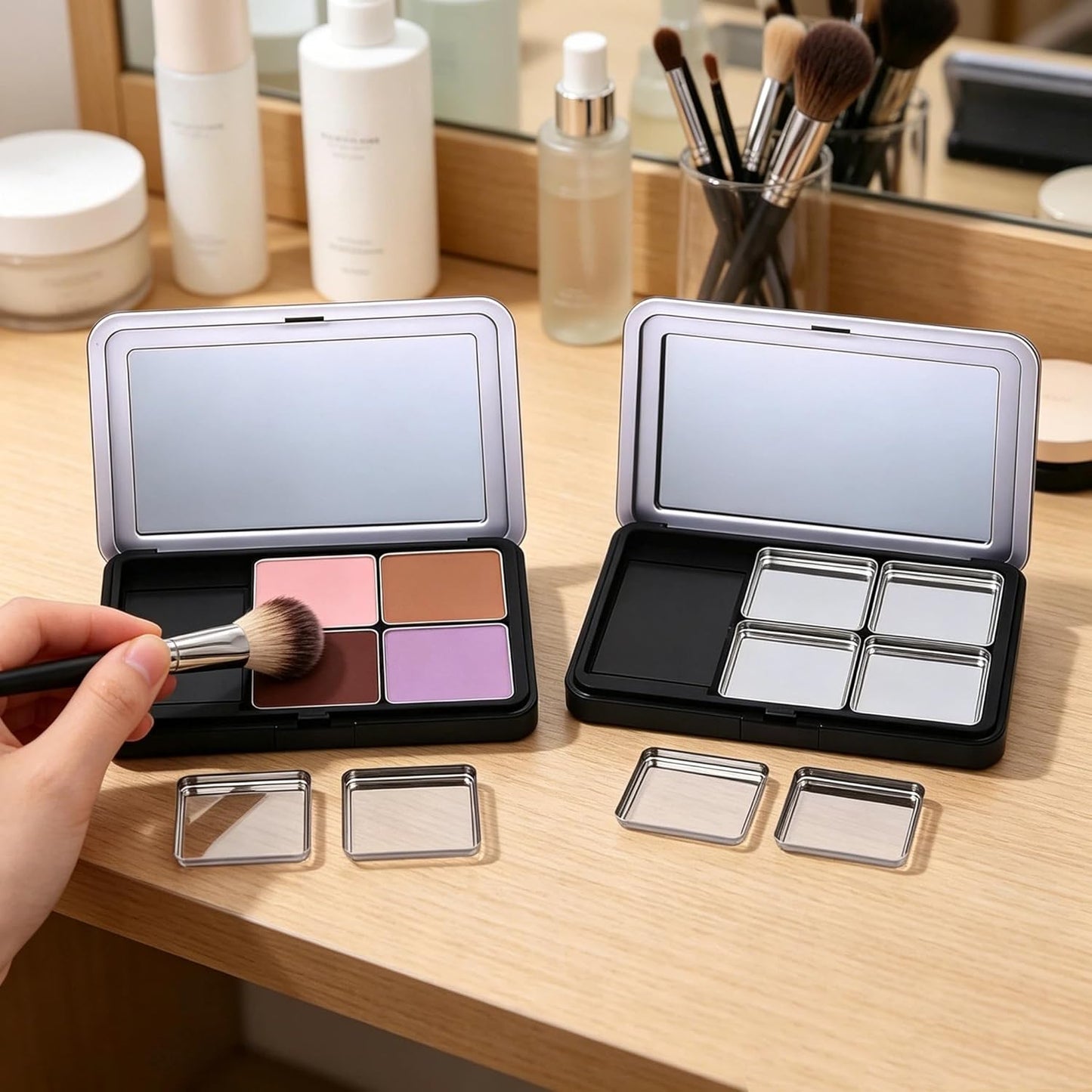 Empty Magnetic Makeup Palette - 2pc Refillable Eyeshadow & Lipstick Organizer with Mirror | Portable Design