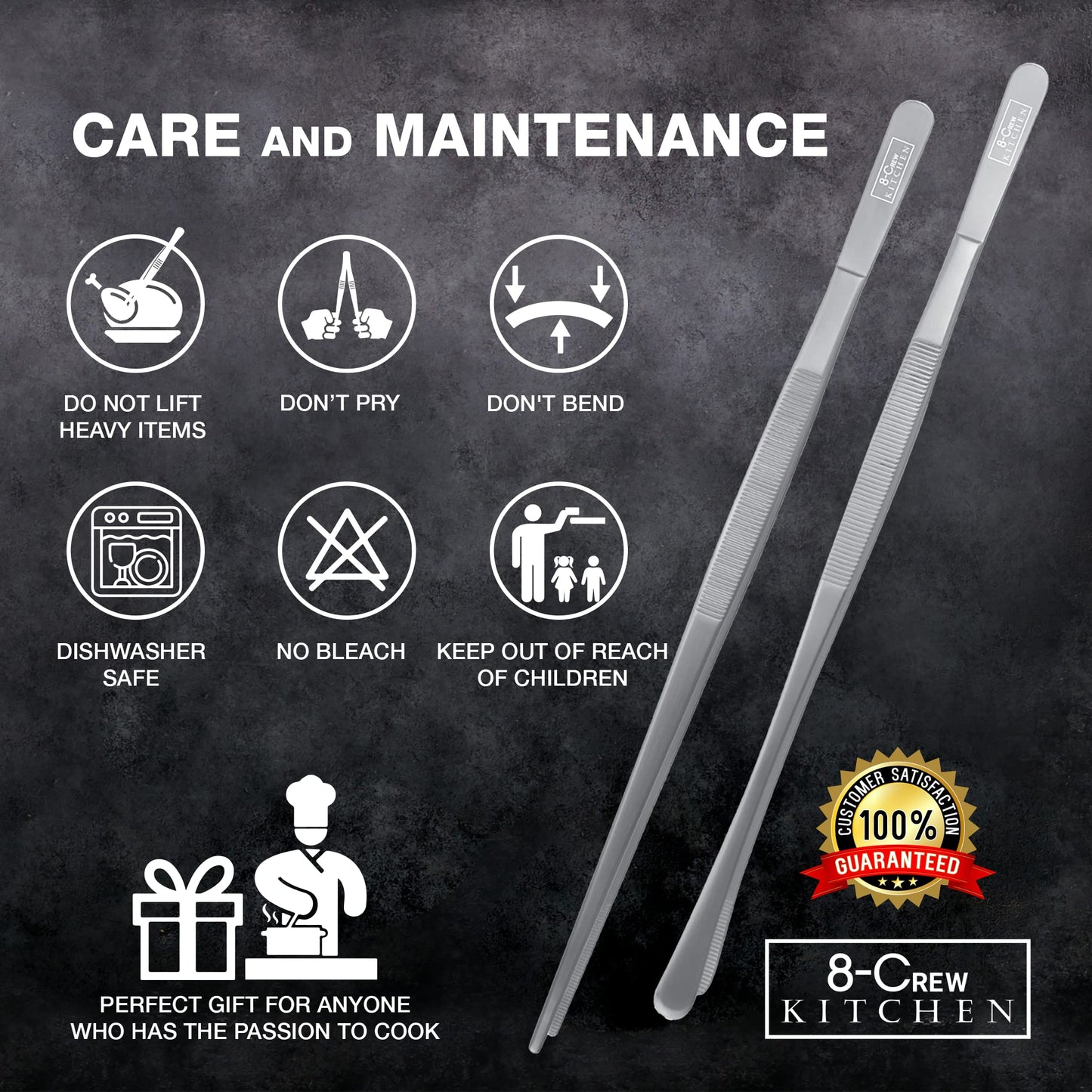 8-CREW KITCHEN Cooking Tweezers - 12 inch 304 Stainless Steel Set of 2 - Culinary Chef Tweezers for Multi-Purpose, Plating, Food Decorating & Bar