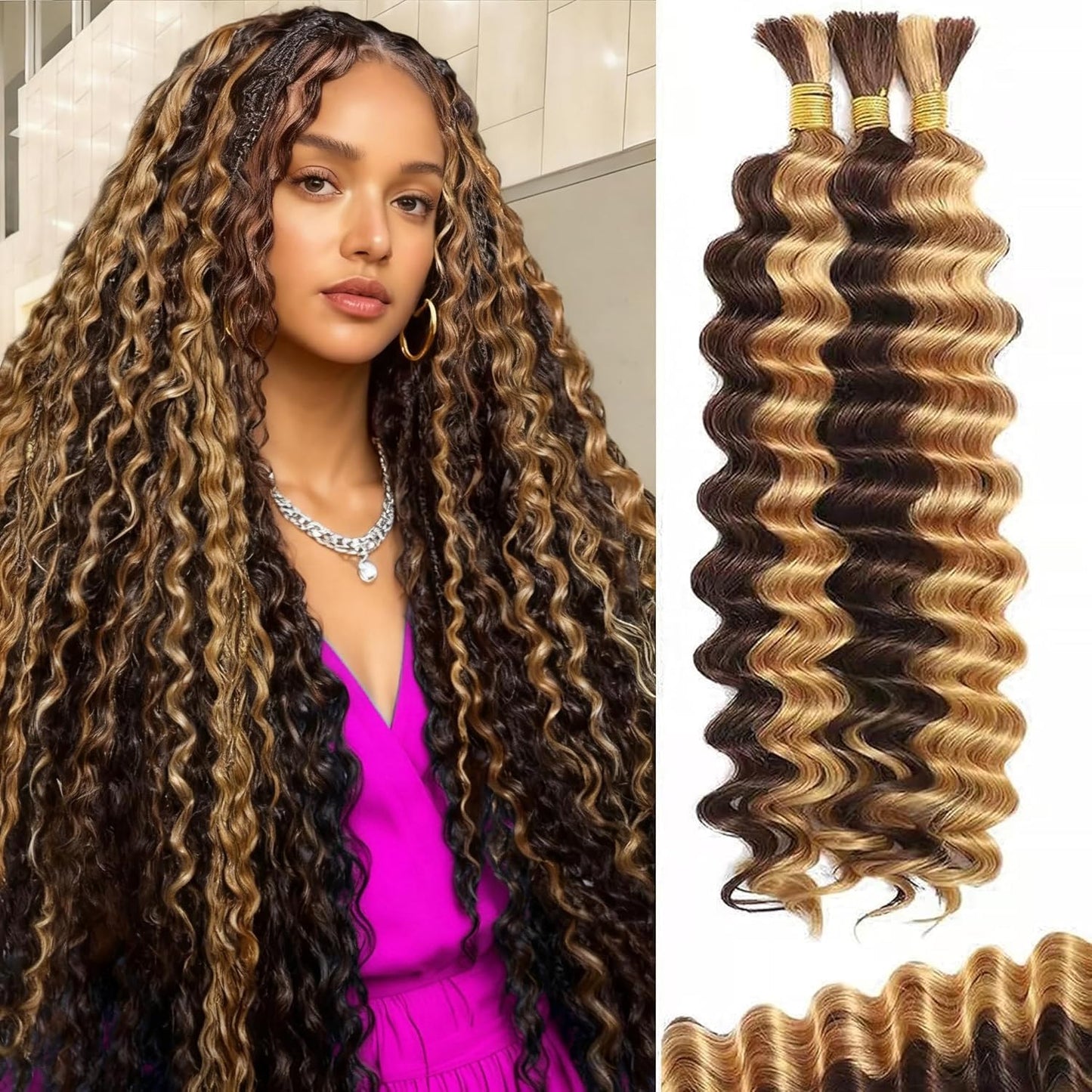 Boho Blonde Human Braiding Hair - 120g Curly Deep Wave | 14-Inch Bulk for Knotless Braids