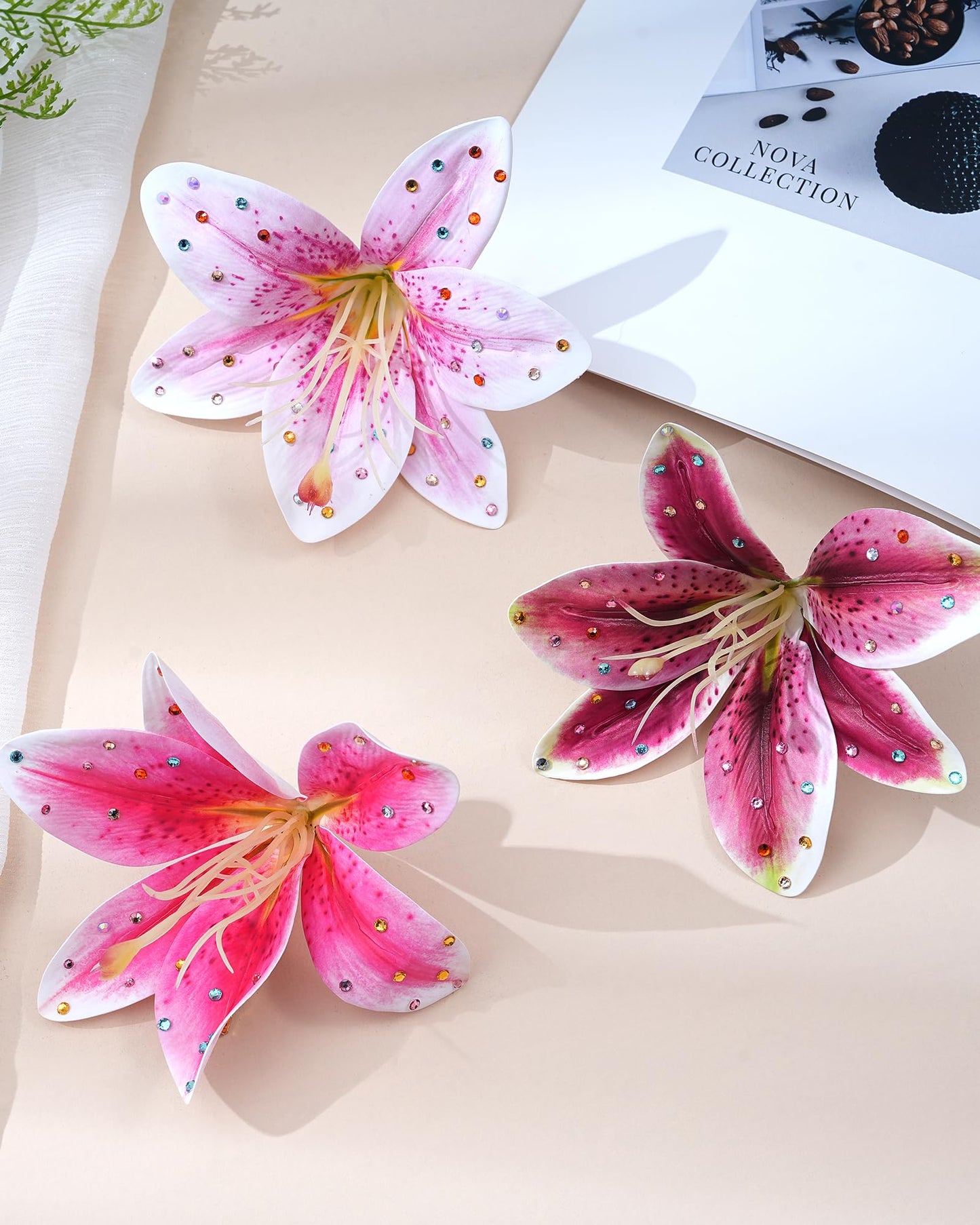 Mesovor 3 Pack Hawaiian Flower Hair Clips, Artificial Tropical Flower Orchid Hair Pin | Rhinestone Hairpins Hair Accessories for Wedding Bridal Beach Party (Pink Lily)