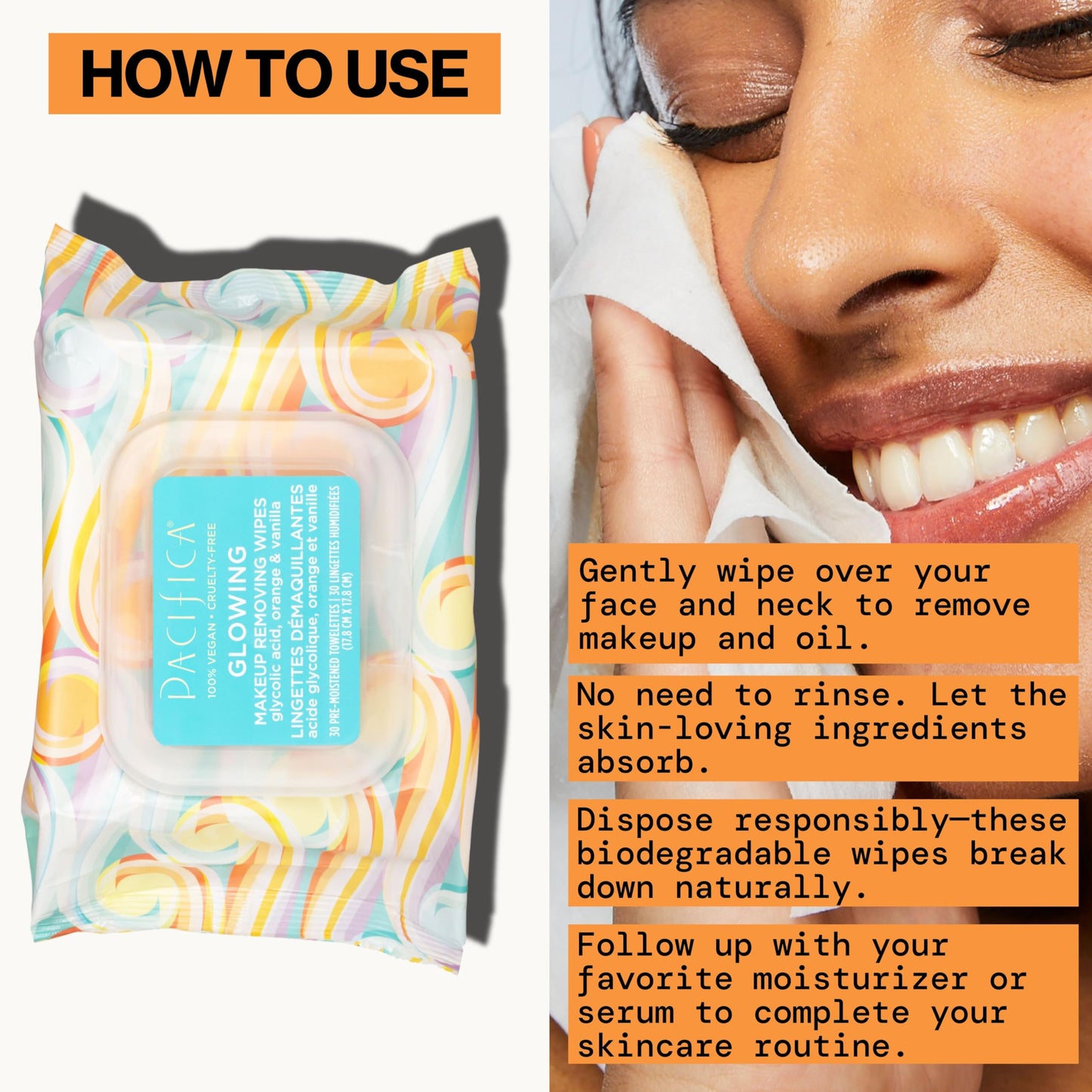 Pacifica, Glowing Makeup Remover Wipes - with Glycolic Acid for AHA Exfoliating and Facial Cleansing - No Rinse Face Cleaning Towelettes - Dermatologist Tested, 30 Count