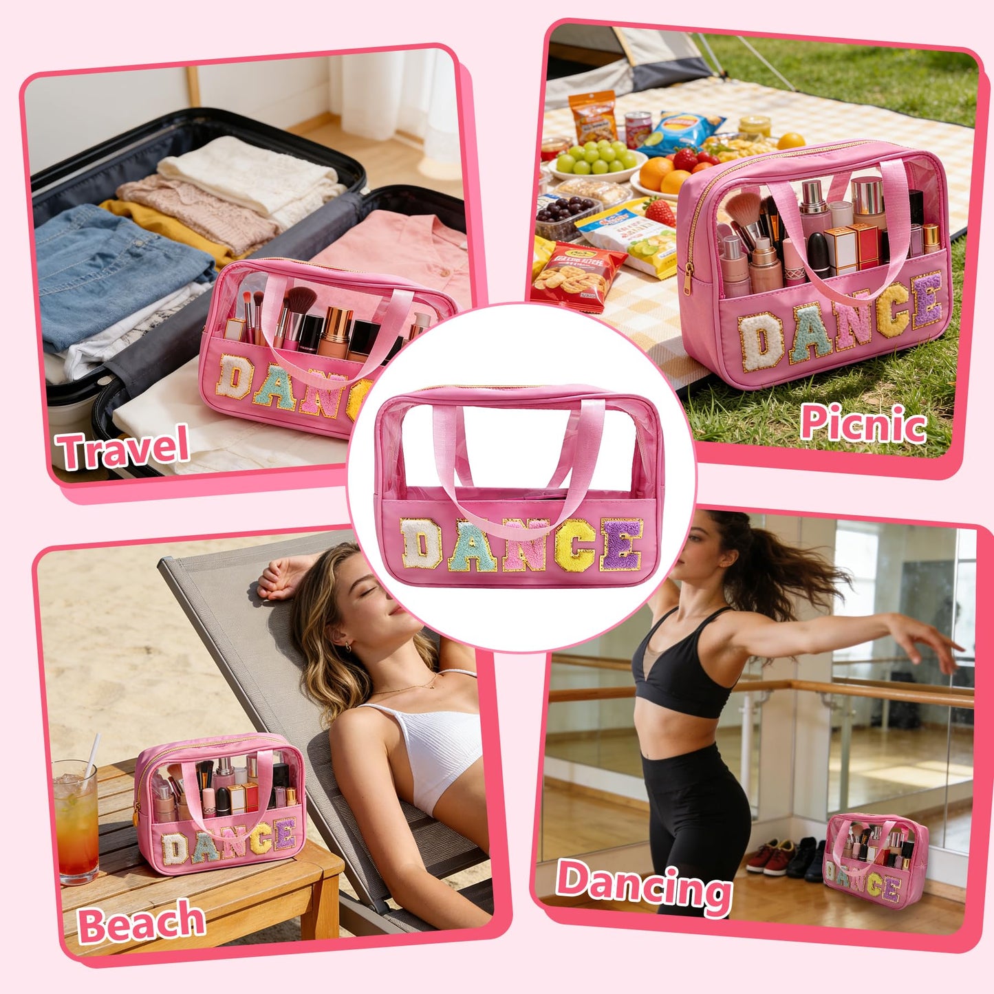 Dance Makeup Bag, Dance Recital Gifts for Girl Women, Chenille Letter Patch Clear Ballet Cosmetic Bag with Handle and Zipper, Waterproof Nylon Travel Toiletry Make Up Bag, Dance Competition Must Haves