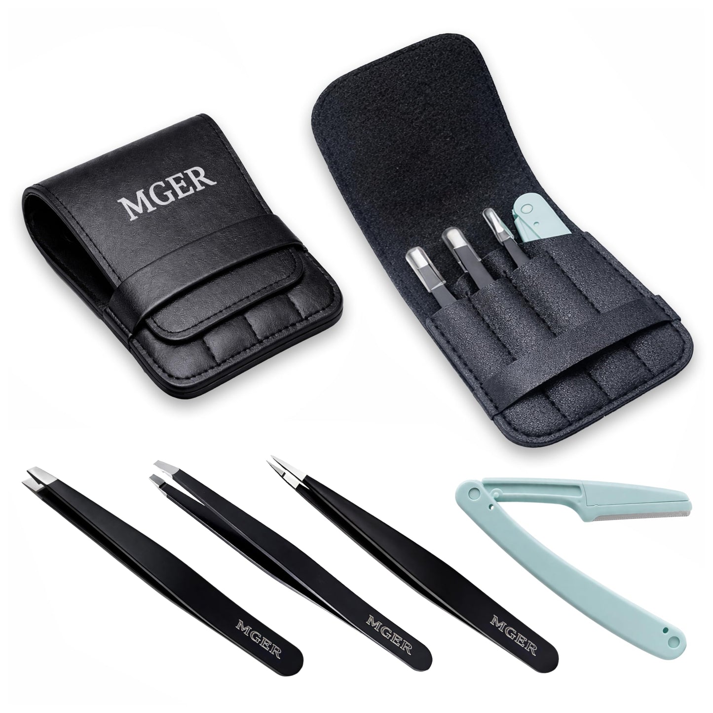 MGER Tweezers Set - Professional Stainless Steel Tweezers for Eyebrows - Great Precision for Facial Hair, Splinter and Ingrown Hair Removal