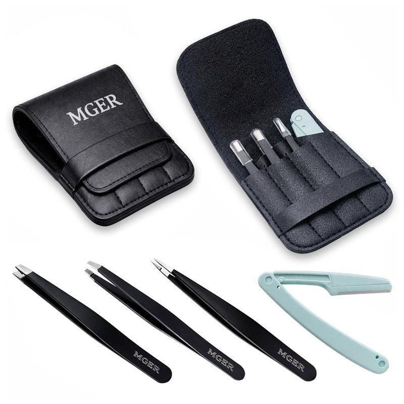MGER Tweezers Set - Professional Stainless Steel Tweezers for Eyebrows - Great Precision for Facial Hair, Splinter and Ingrown Hair Removal