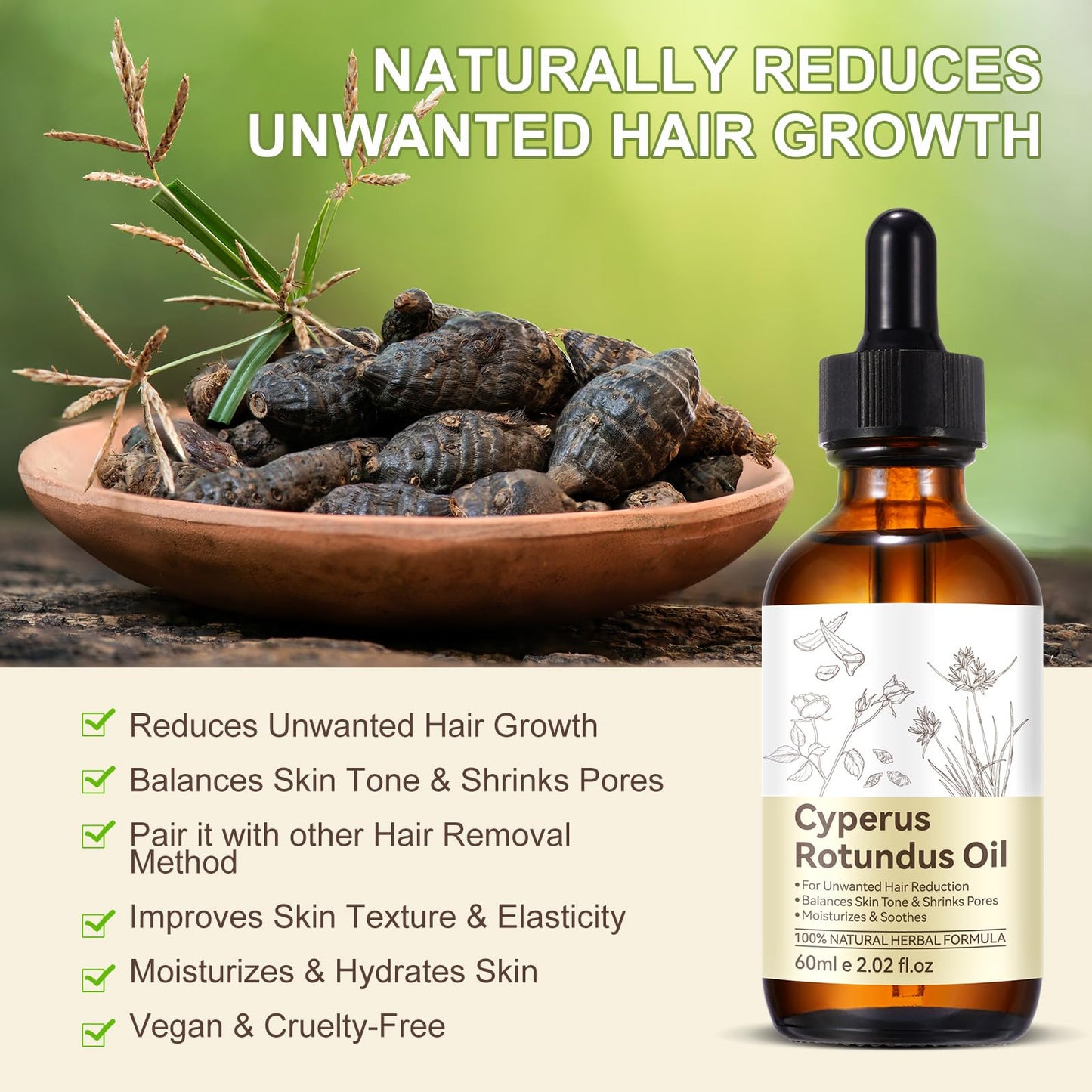 XINSZLIN Cyperus Rotundus Oil for Hair Removal, Cyperus Rotundus Oil for Reducing Body Hair Growth, Smooth Skin & Hair Removal, Moisturizing & Soothing 60ML 2PCS