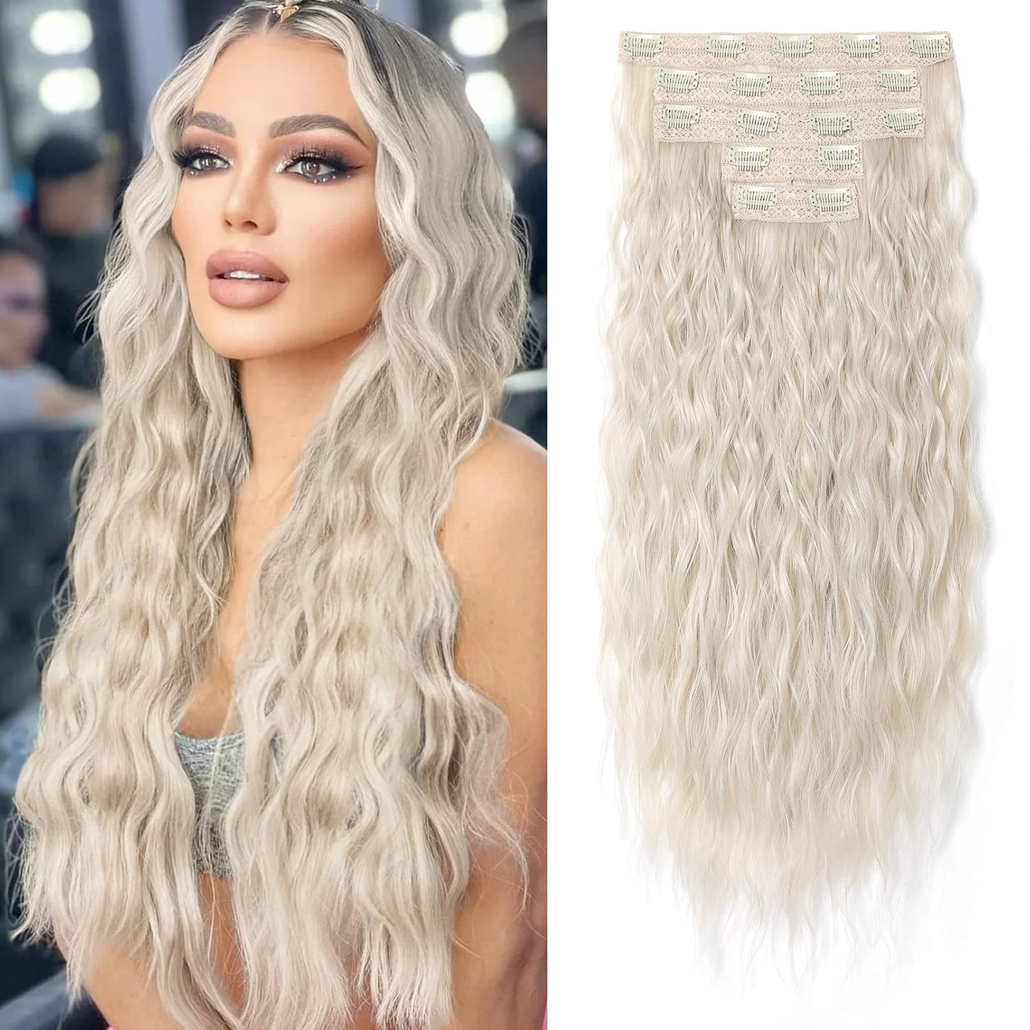 Clip In Hair Extensions - 24" Thick Long Loose Waves | Invisible Lace Weft, Natural Soft Hairpieces - Chocolate Brown with Blonde Highlights