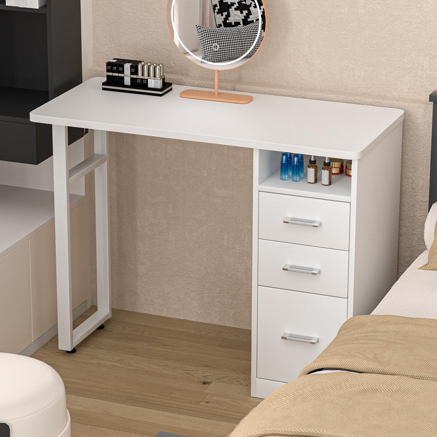 DeerDean Manicure Table Nail Desk Acetone Resistant White Nail Tech Table w/Wrist Cushion, Drawers & Cabinets