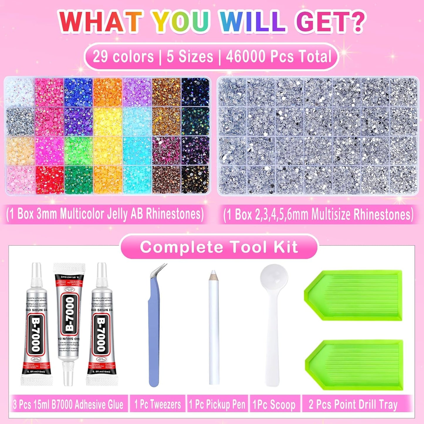 Jelly Rhinestones - 46000 Pcs Multicolor & Silver Flatback Gems | 4mm-6mm Crafting Kit with B7000 Jewelry Glue
