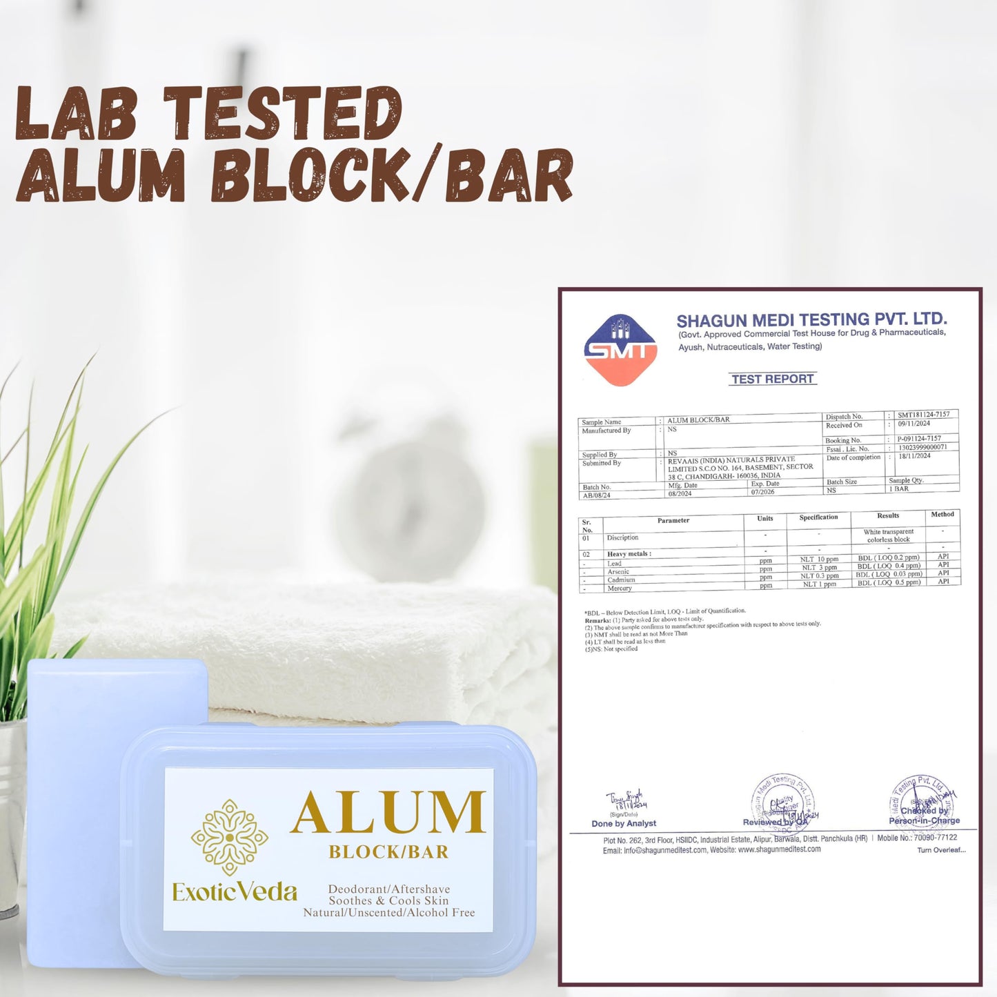 Exotic Veda Piedra de Alumbre Alum Stone 100% Pure Alum Block – Potassium Alum Crystal Stone | Natural, Unscented Deodorant & Aftershave Soothes Razor Burn, Stops Bleeding, Non-Staining, Alcohol-Free